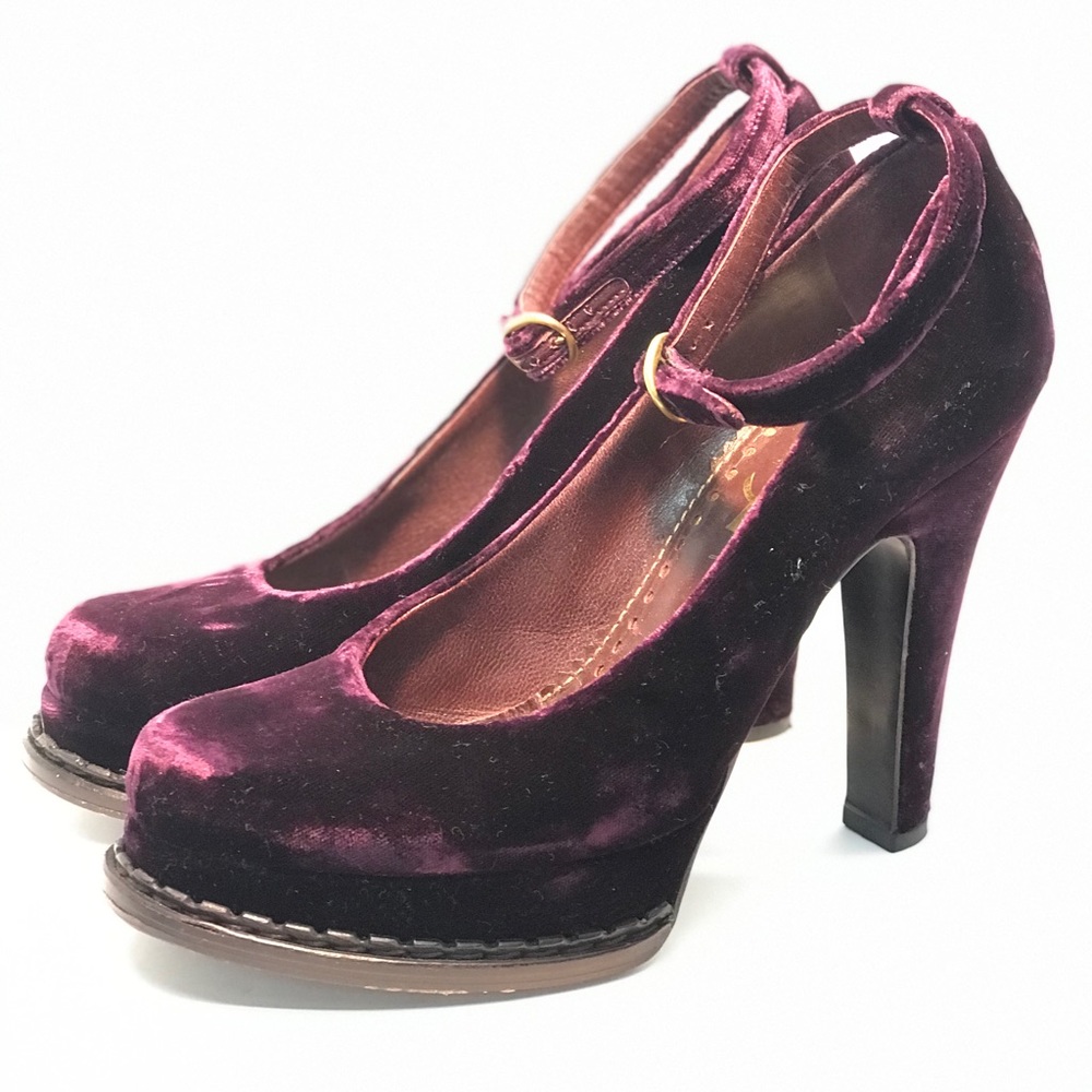 YSL Rare Grape Velvet Ankle Strap Round Toe Heel